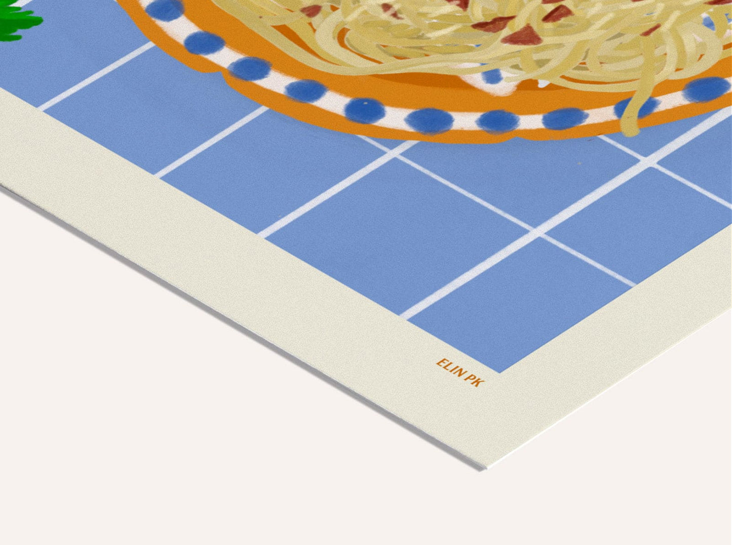 Zoom sur la texture du papier d’art et les détails de l’illustration de l’affiche Spaghetti Carbonara