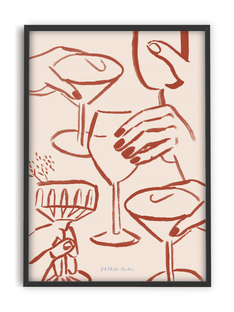 Affiche Tchin Tchin rouge sur fond blanc, illustration contemporaine de verres à cocktail et de mains vertes