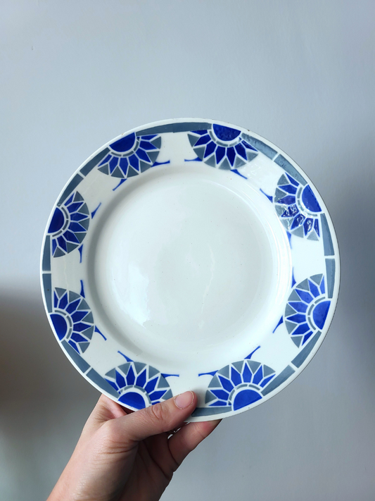 assiette roxy bleue tenue dans une main 