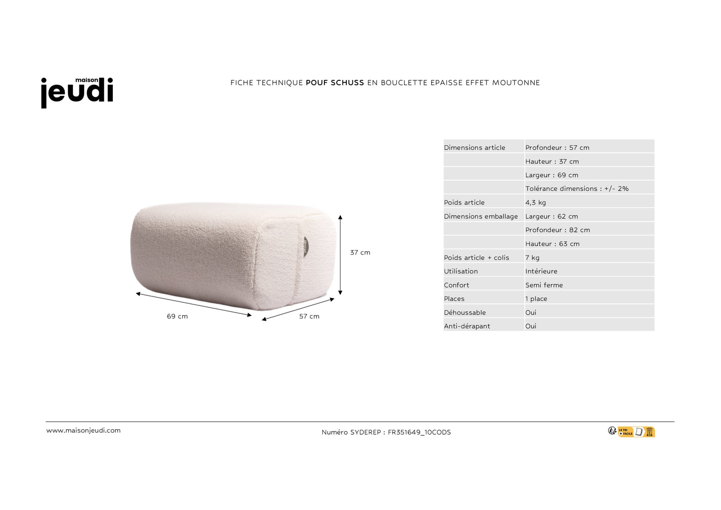 Pouf Maison Jeudi - Tissu bouclettes écru