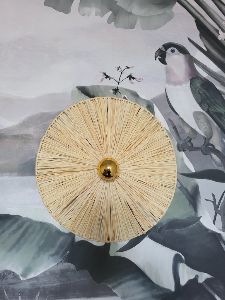 Vue de face de la petite applique raphia fait main en France, dans une chambre sur un papier peint tropical.
