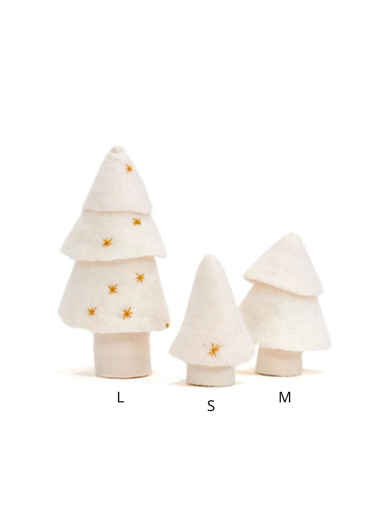 Trio de sapin en laine bouillie blanc avec étoiles dorées, pour décoration de Noel