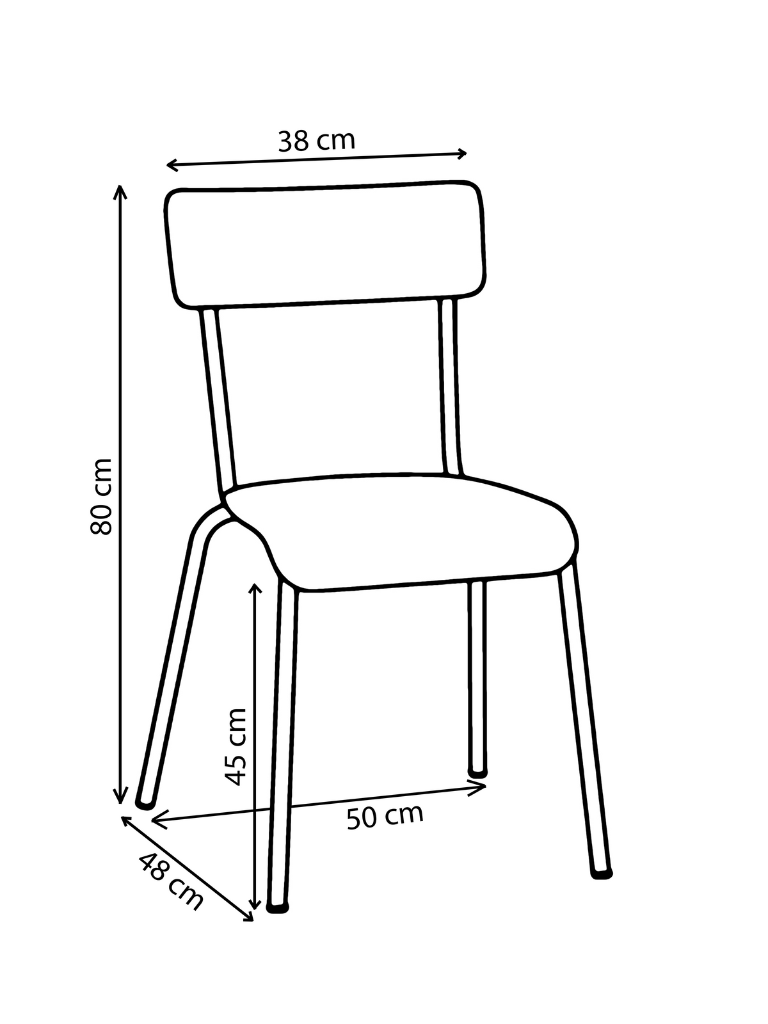 Schéma en perspective de la chaise Suzie – Les Gambettes, design rétro avec assise en bois stratifié et piètement en acier.