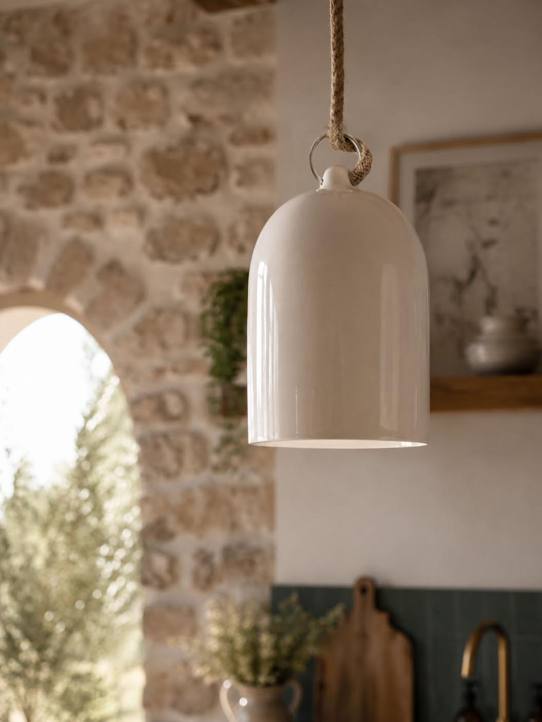 Abat-jour en terre cuite émaillée, porcelaine. Supsension avec un fil en fibre naturelle. Décoration de style méditerranéen épuré.