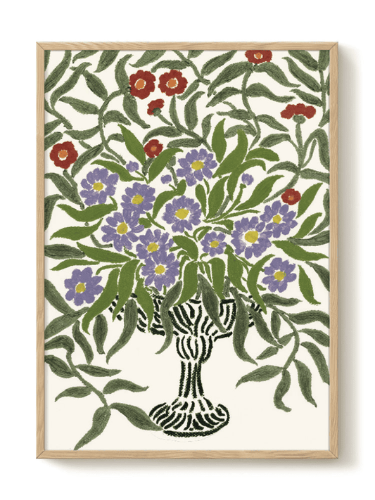 Affiche florale au style peinture acrylique représentant un bouquet d’Asters violettes et rouges sur fond blanc