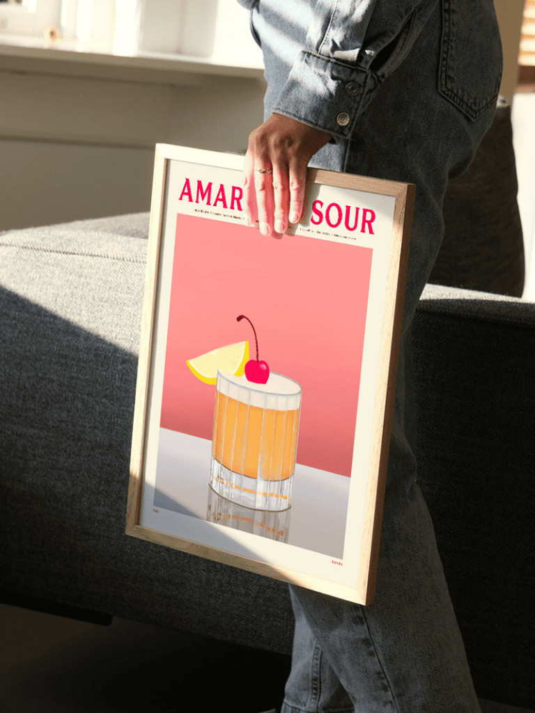 Affiche cocktail Amaretto Sour rétro, poster décoratif vintage cuisine et bar