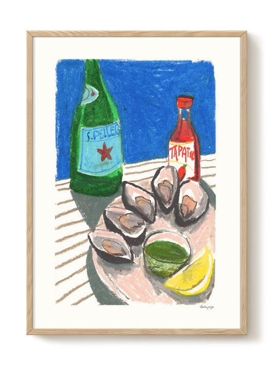 Zoom sur la texture du papier épais et les détails colorés de l’affiche Déjeuner Méditerranéen, impression haute qualité