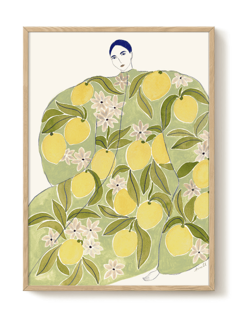 Affiche Femme à la robe citron sur fond blanc, impression artistique de haute qualité