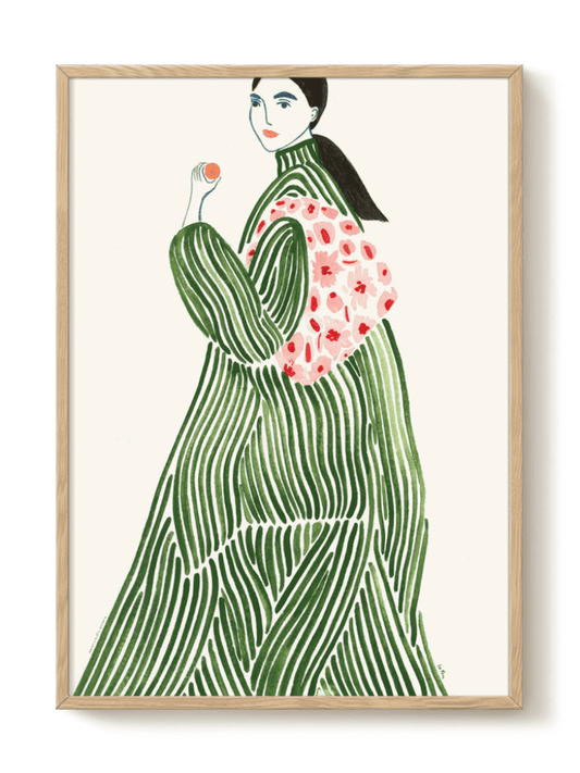 Affiche aquarelle Femme à la Robe Verte sur fond blanc, impression d’art sur papier épais