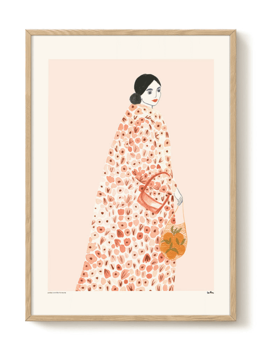 Affiche Femme au Sac d’Oranges sur fond blanc, impression artistique sur papier épais