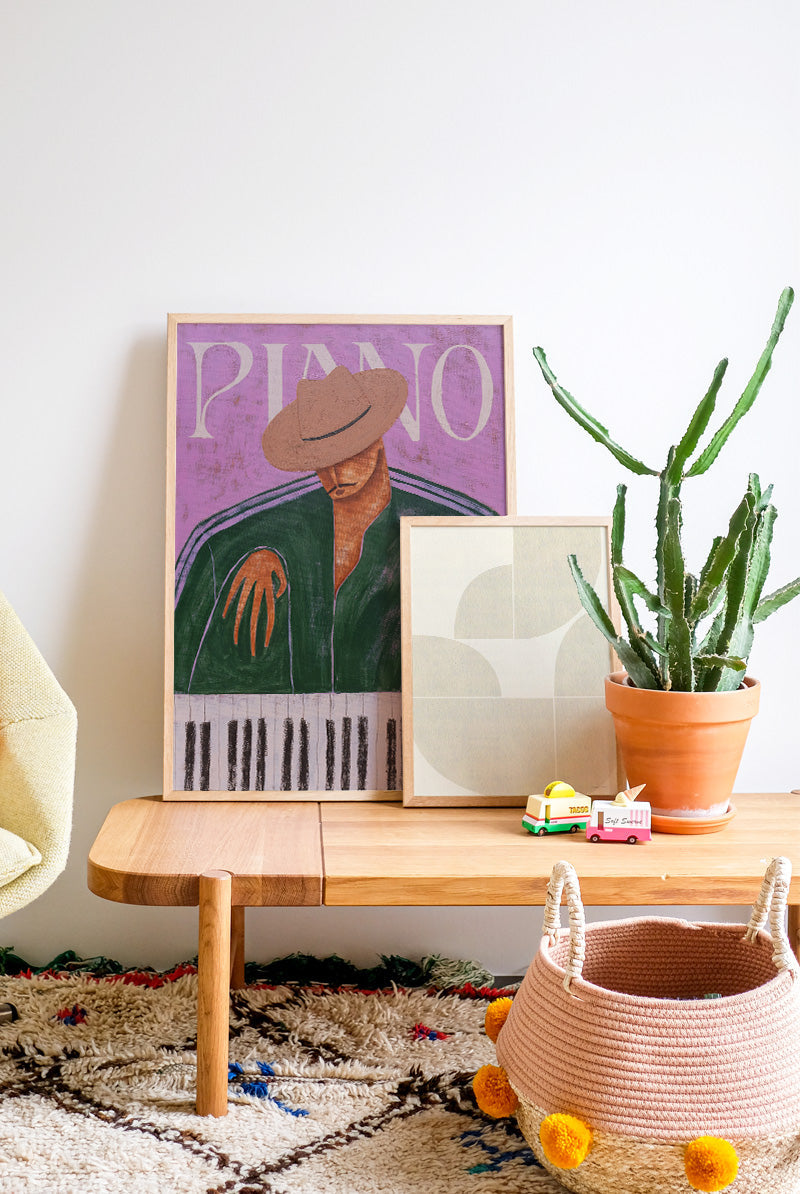Affiche décorative illustrant un pianiste dans une salle de musique