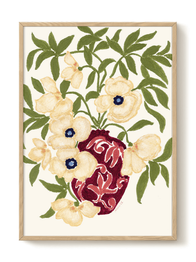 Affiche florale La Fin de l’Été sur fond blanc, peinture acrylique de vase rouge et fleurs jaunes