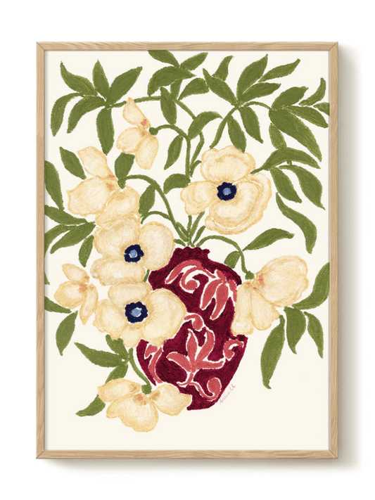 Affiche florale La Fin de l’Été sur fond blanc, peinture acrylique de vase rouge et fleurs jaunes