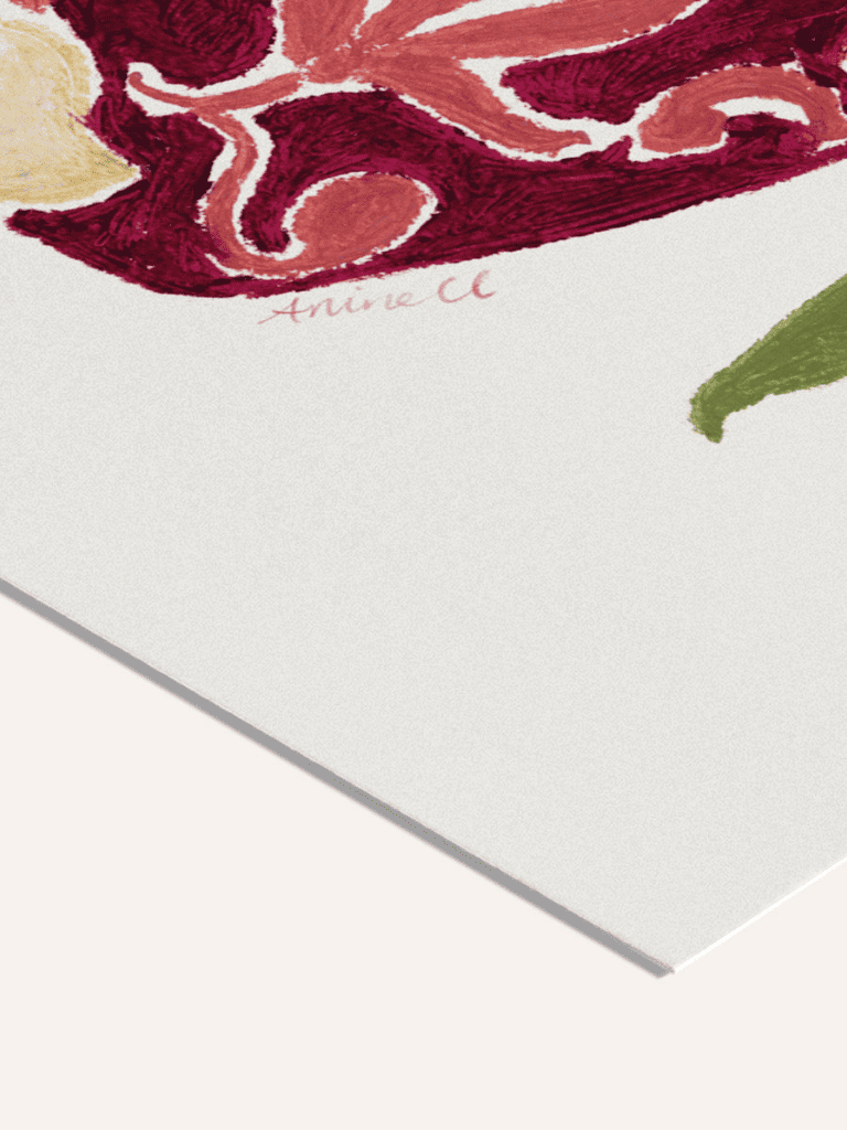 Zoom sur la texture du papier d’art et les détails de la peinture acrylique de l’affiche La Fin de l’Été