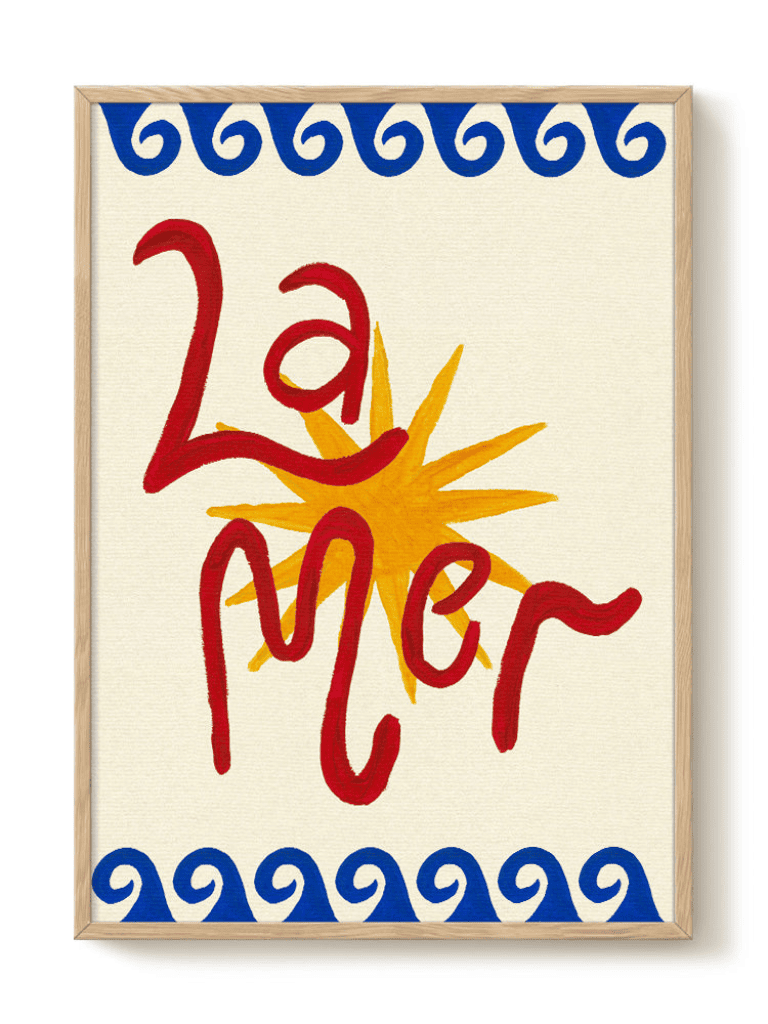 Affiche La Mer sur fond blanc, design épuré avec vagues bleues et typographie simple au centre