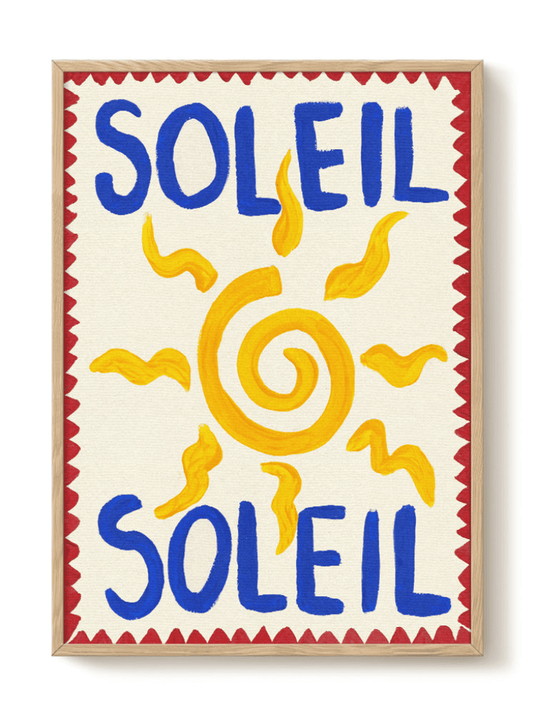 Poster Soleil accroché dans une chambre ou une entrée, décoration joyeuse et méditerranéenne
