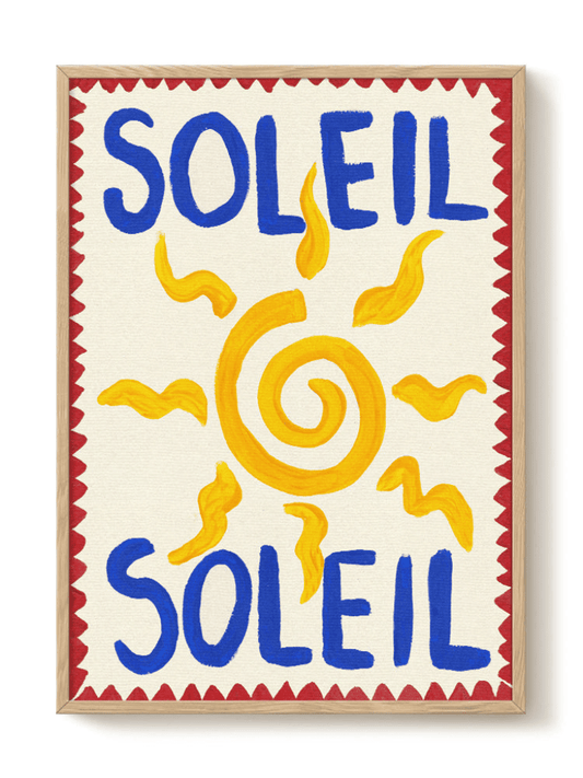Poster Soleil accroché dans une chambre ou une entrée, décoration joyeuse et méditerranéenne