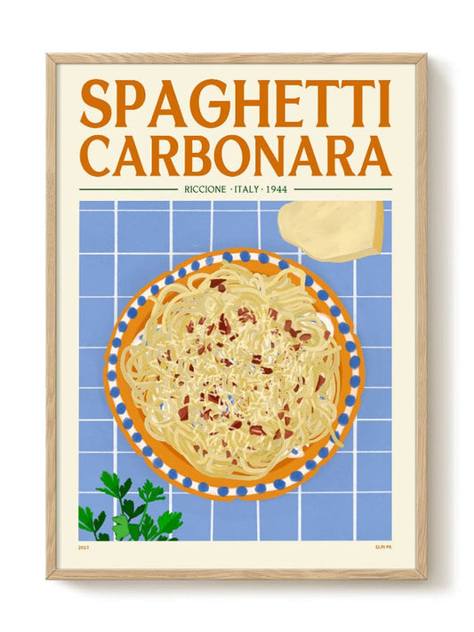 Affiche Spaghetti Carbonara sur fond blanc, illustration rétro d’un plat de pâtes crémeux à la carbonara