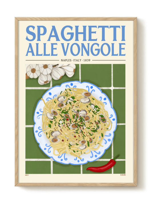 Affiche rétro Spaghetti Vongole sur fond blanc, plat de pâtes italiennes et nappe à carreaux bleus et blancs