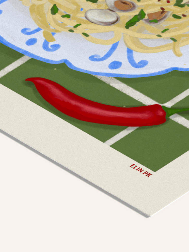 Zoom sur la texture du papier d’art et les détails de l’illustration de l’affiche Spaghetti Vongole