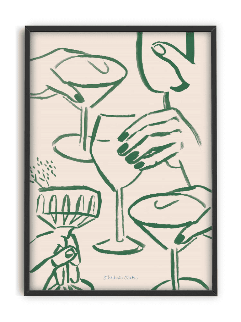 Affiche Tchin Tchin sur fond blanc, illustration contemporaine de verres à cocktail et de mains vertes
