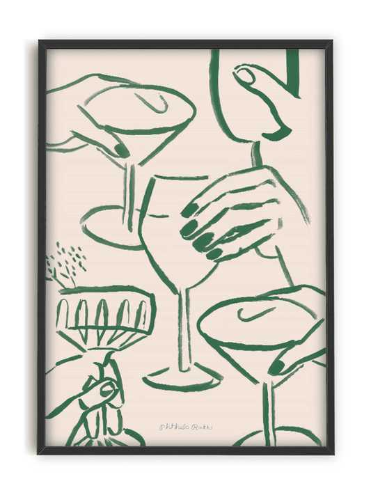 Affiche Tchin Tchin sur fond blanc, illustration contemporaine de verres à cocktail et de mains vertes