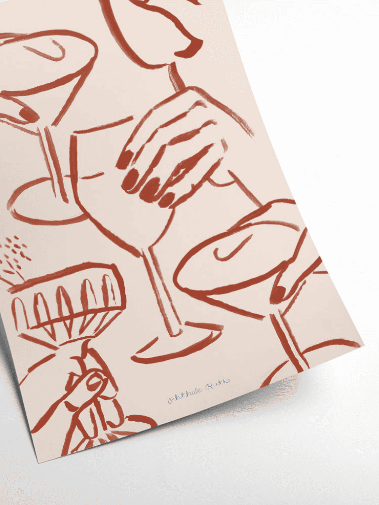 Zoom sur la texture du papier d’art et les détails de l’affiche Tchin Tchin, verres à cocktail verts et mains stylisées