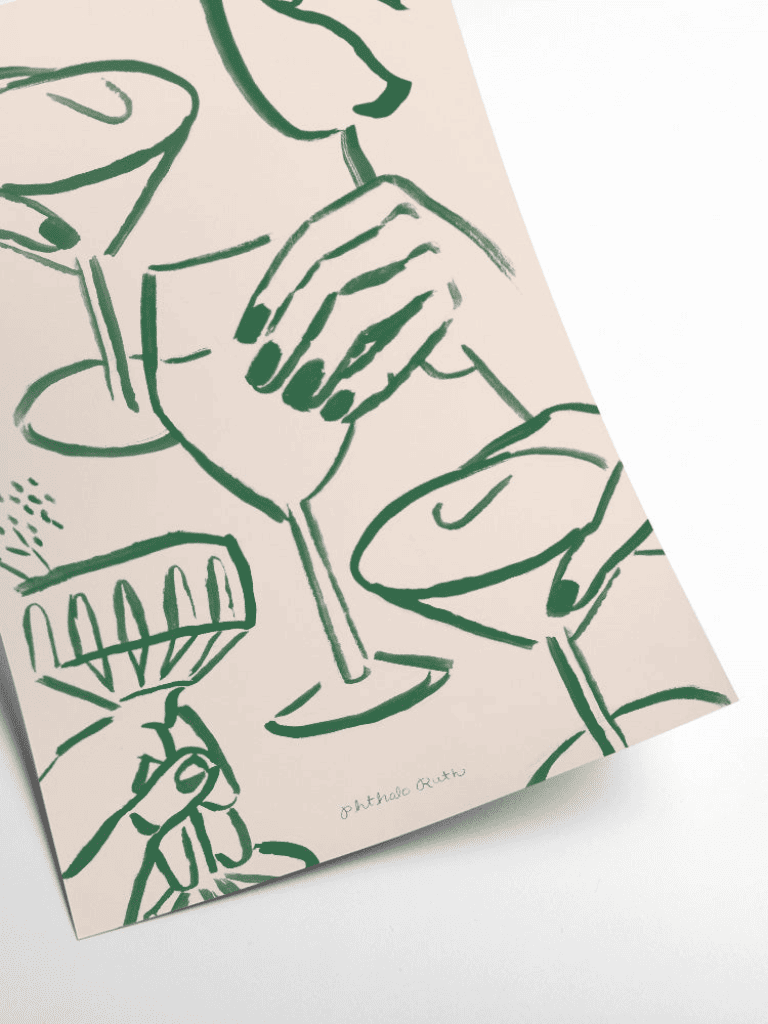 Zoom sur la texture du papier d’art et les détails de l’affiche Tchin Tchin, verres à cocktail verts et mains stylisées