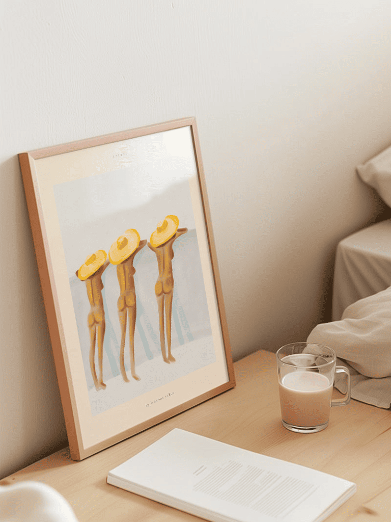 Poster Trois Dames aux Chapeaux accroché dans une chambre au style apaisant et naturel