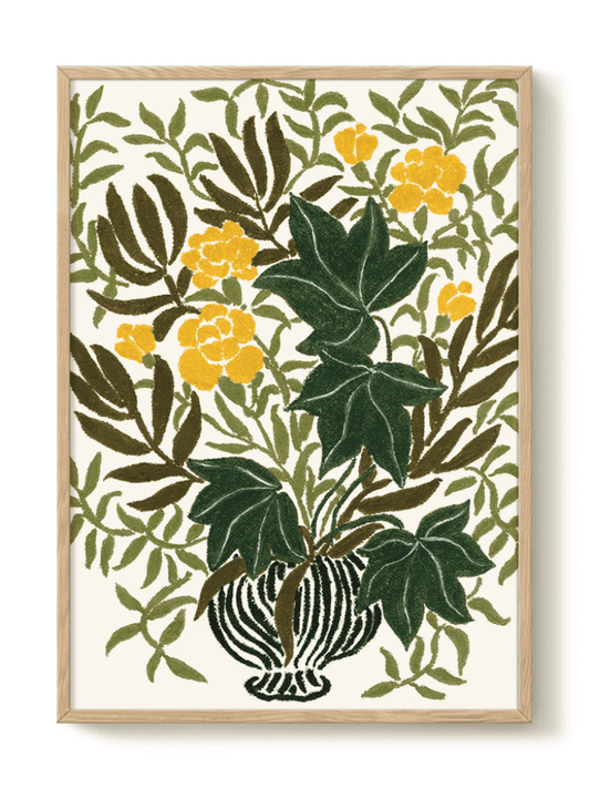 Affiche Vase d’œillets jaunes sur fond blanc, reproduction d’une peinture acrylique florale au ton doux et lumineux