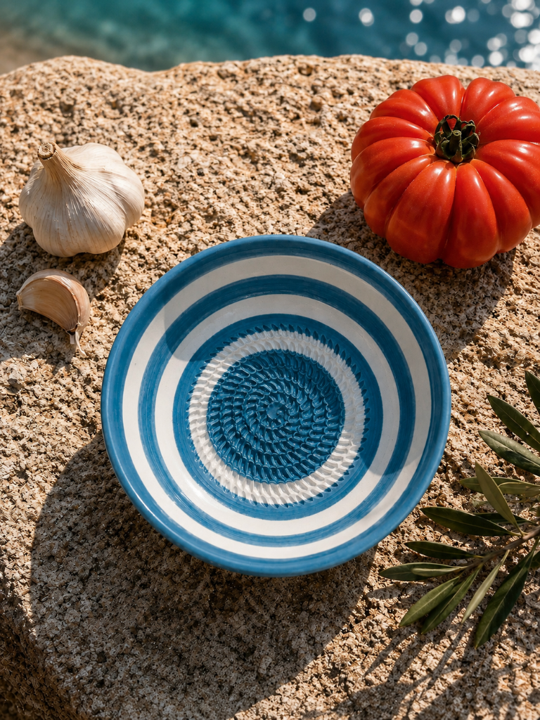 Bol râpe-ail rayé bleu en céramique artisanale, accessoire de cuisine inspiré des couleurs de la Méditerranée