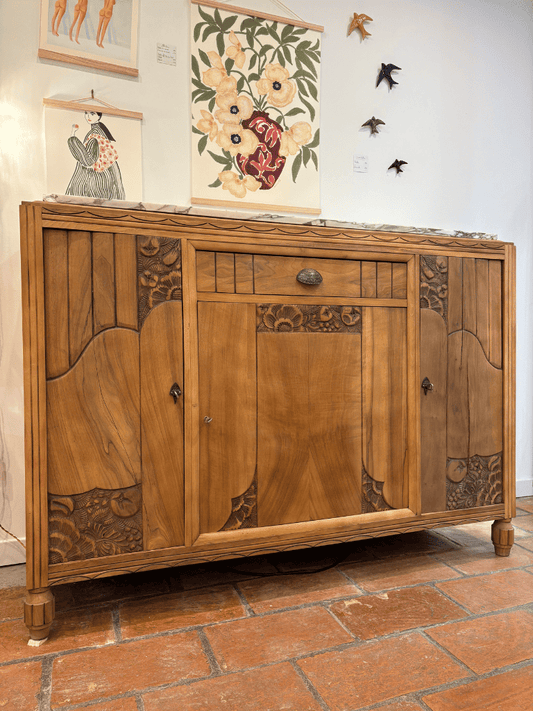 Buffet ancien art déco, en bois massif, décoration floraux, marbre blanc