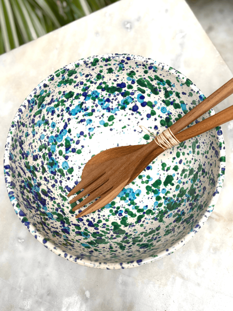 Grand saladier tacheté bleu et vert en céramique artisanale espagnole