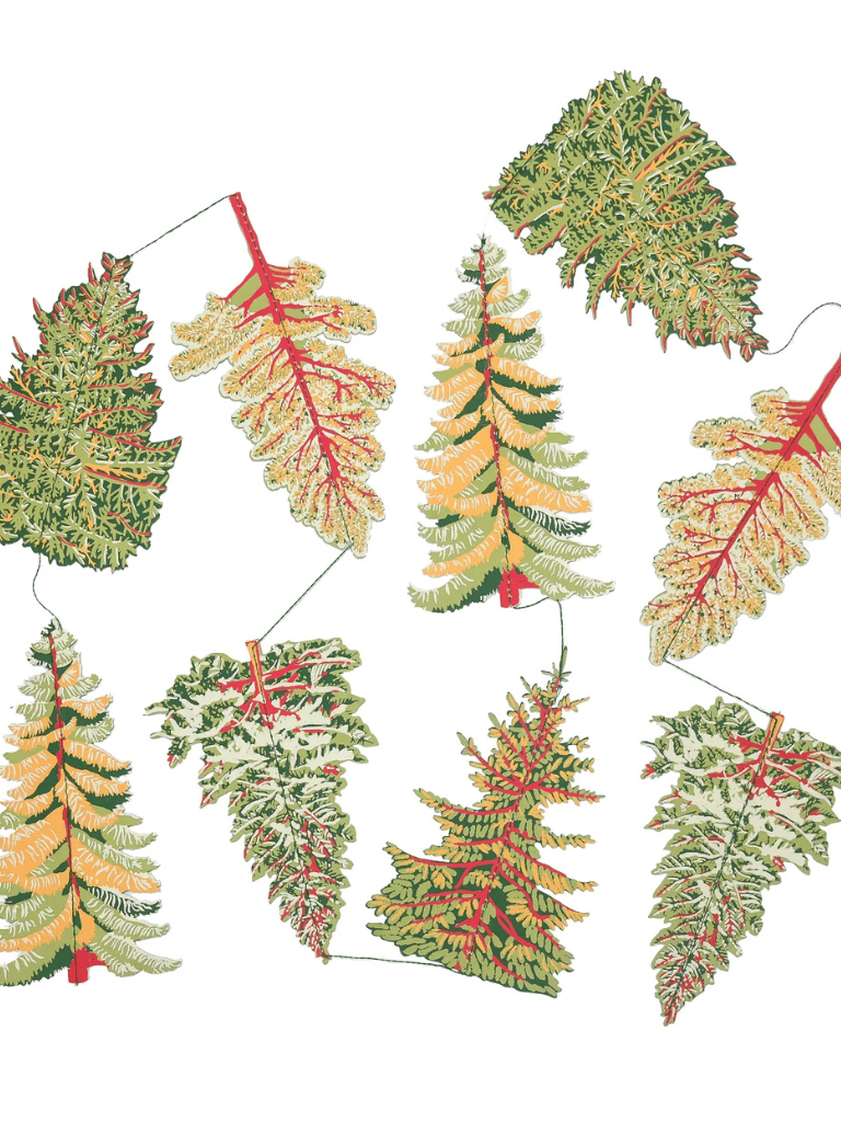 Détail des illustrations imprimées sur guirlande en papier East End Press sapin