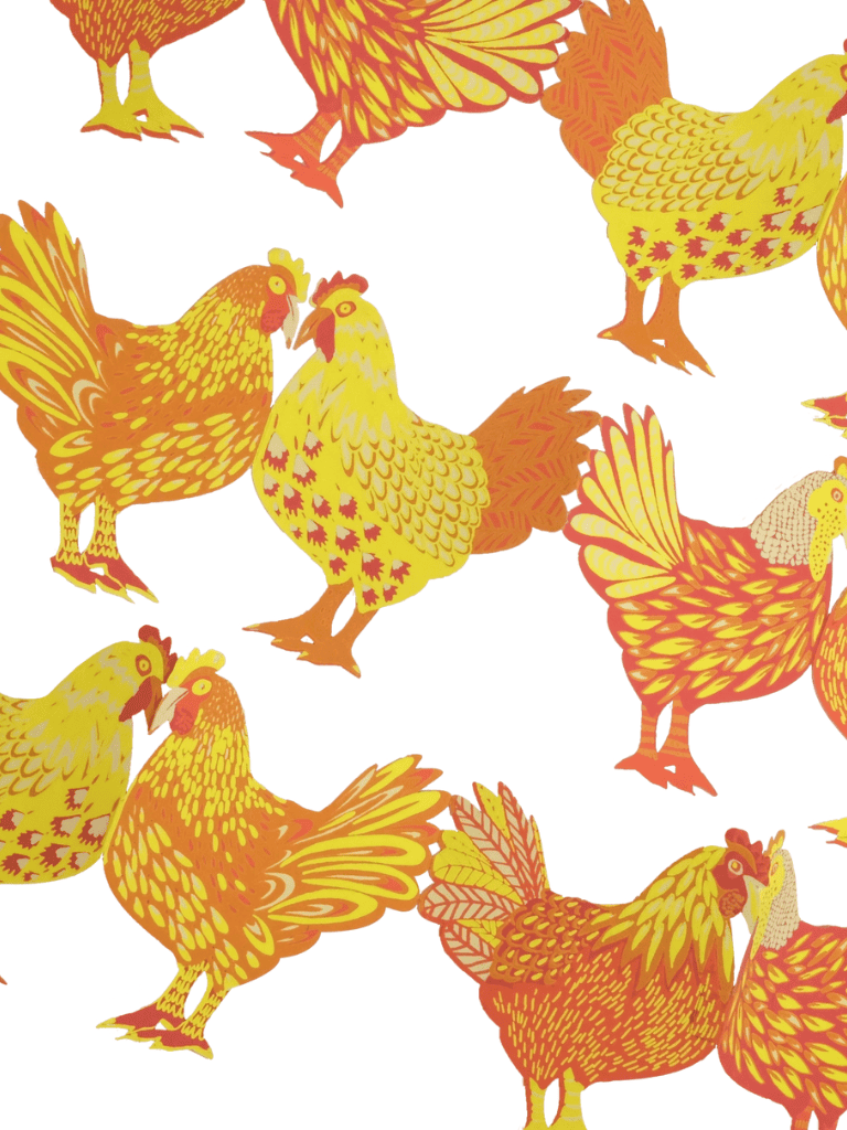 Guirlande en papier motif poules East End Press sur fond blanc