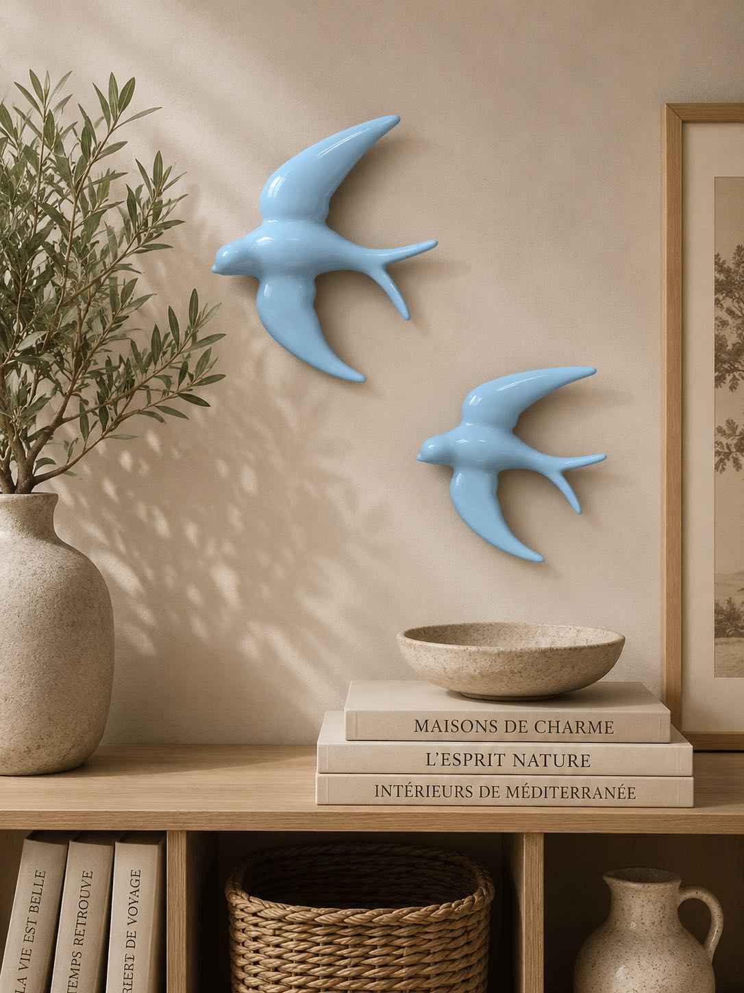 Hirondelle, oiseau en porcelaine, céramique de couleur aigue-marine ou bleu ciel. Facile d'installation avec sa fixation murale. Apportez une ambiance littoral à votre décoration.