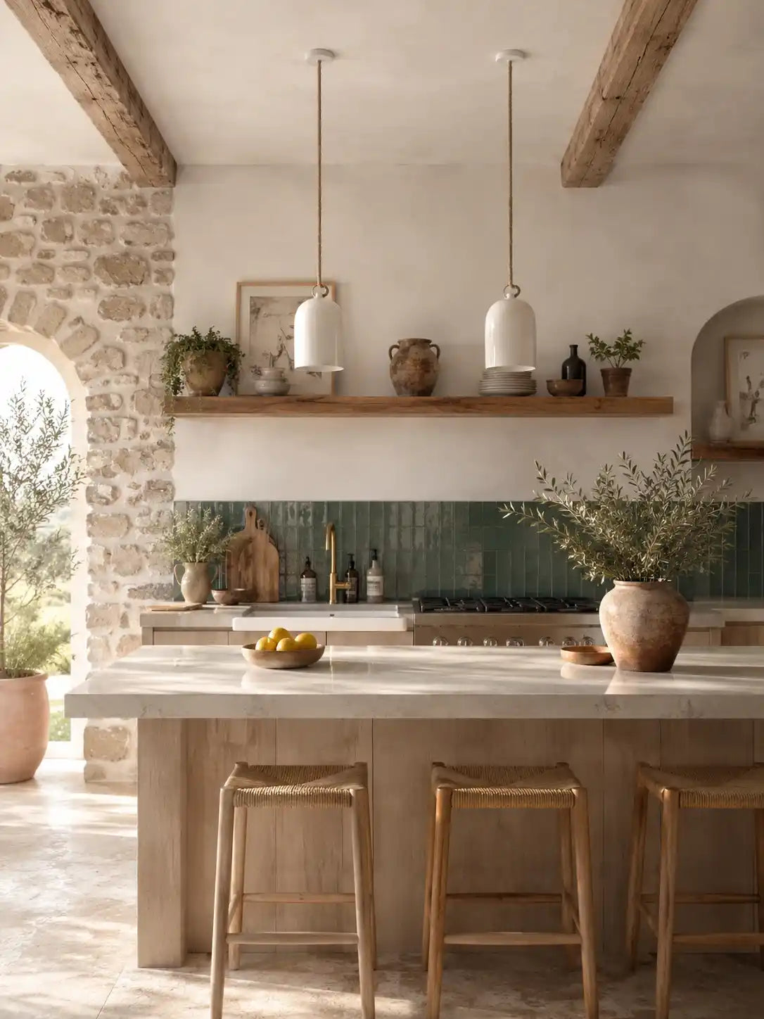 Luminaire suspendu en terre cuite émaillée en blanc, câble en jute et plafonnier en porcelaine blanche. Décoration épurée 
