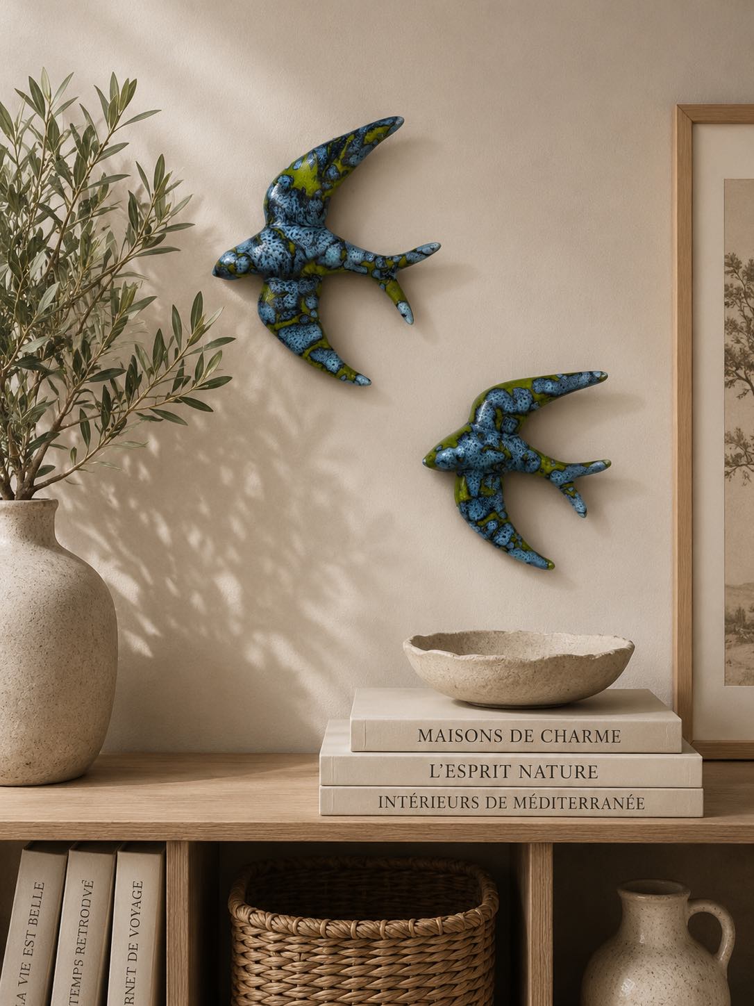 Hirondelles en céramique, porcelaines, ailes incurvées, de couleur verte et  bleue. Idéal pour une décoration murale dans un style épurée. 