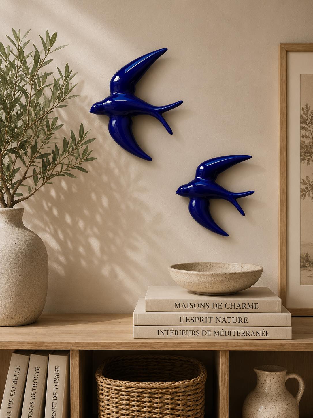 Oiseau, hirondelle de couleur bleu foncé, en matière céramique, porcelaine. Idéal pour décorer votre mur extérieur avec sa fixation murale pour un style méditerranéen.