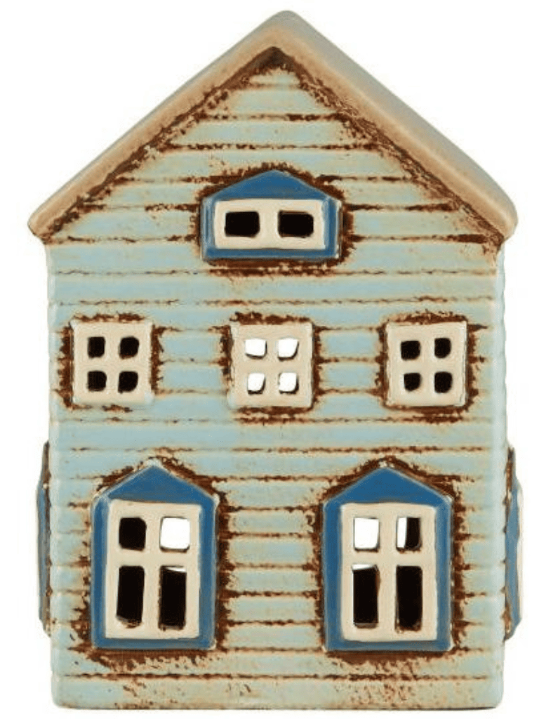 Photophore maison en céramique bleu ciel sur fond blanc