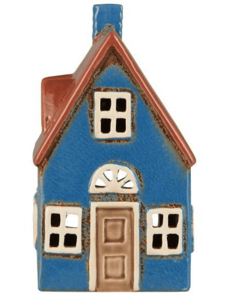 Photophore maison en céramique bleu nuit sur fond blanc