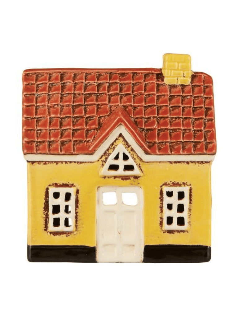 Photophore maison en céramique jaune sur fond blanc