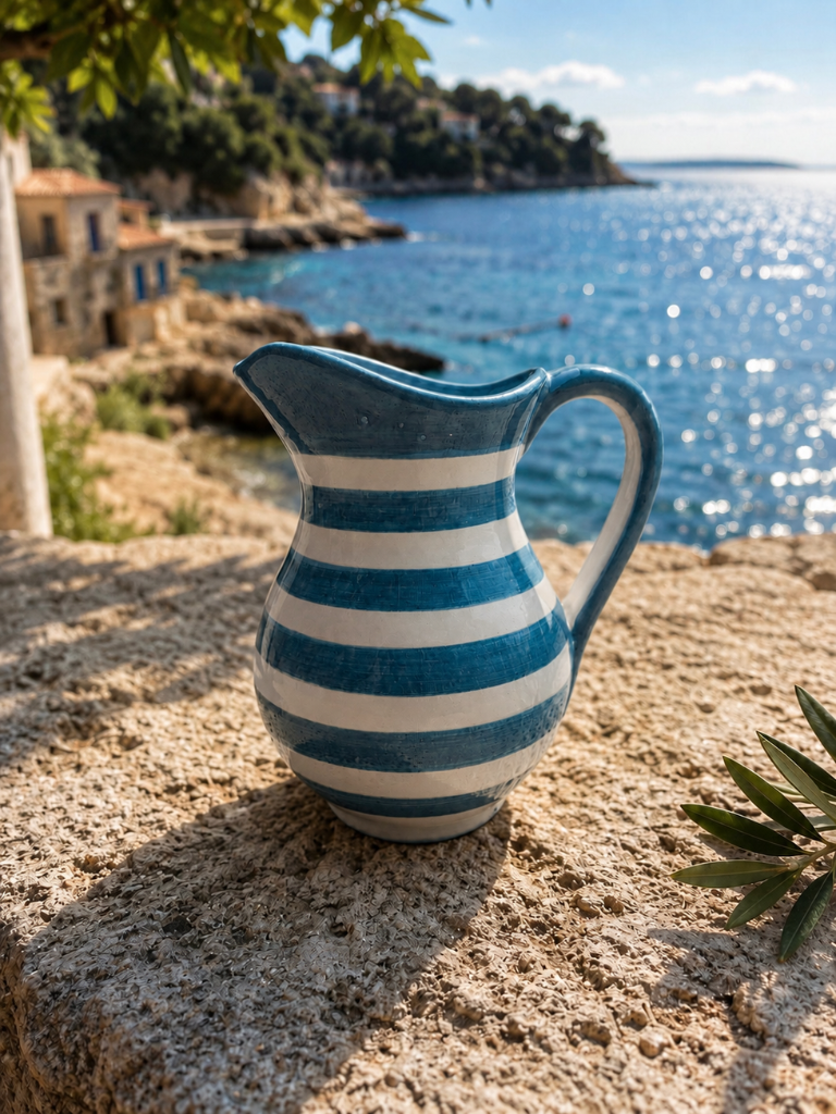 Pichet rayé bleu en céramique artisanale espagnole, poterie méditerranéenne aux couleurs de la mer