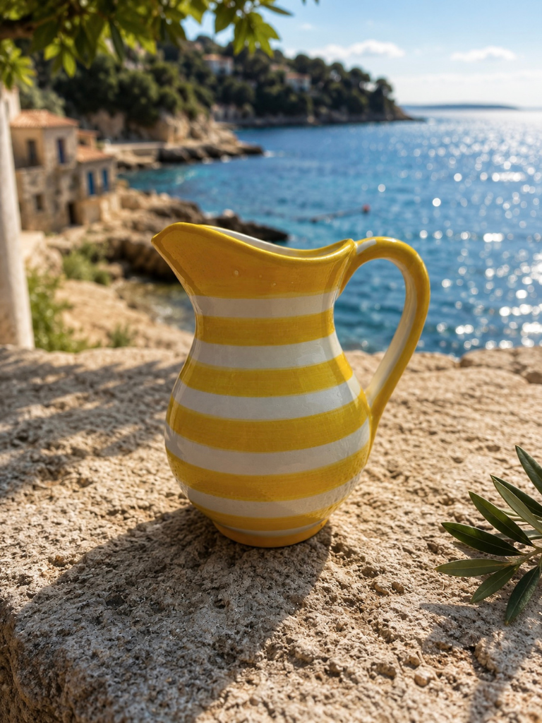 Pichet rayé jaune en céramique artisanale fabriqué en Espagne, poterie méditerranéenne pour servir eau, citronnade ou boissons fraîches