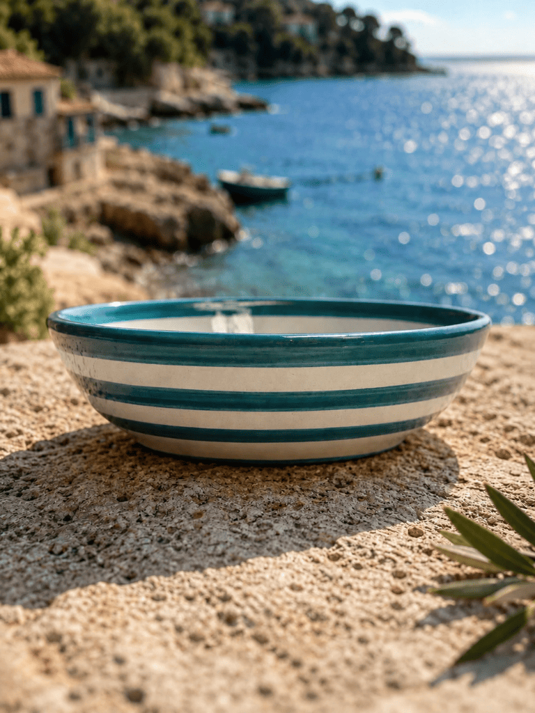 Bol gratte-ail, tomate, gingembre, rayure bleue et blanche en poterie artisanale, vaisselle d'été pour cuisine d'été 