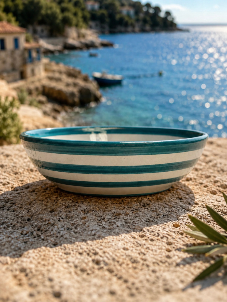 Saladier rayé bleu vue de profil en céramique artisanale espagnole, idéal pour une table méditerranéenne élégante