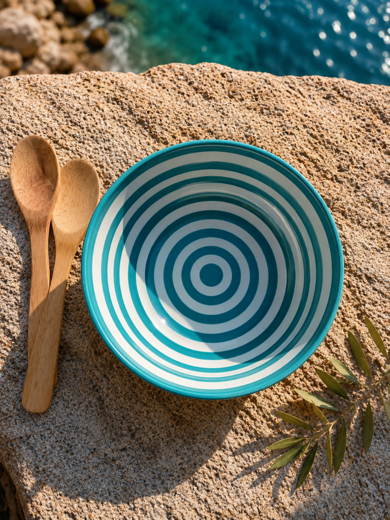 Saladier rayé bleu vue de dessus en céramique artisanale espagnole, idéal pour une table méditerranéenne élégante