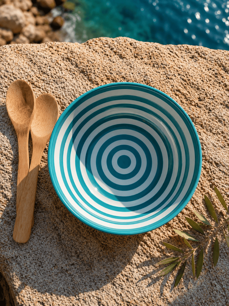 Saladier rayé bleu vue de dessus en céramique artisanale espagnole, idéal pour une table méditerranéenne élégante