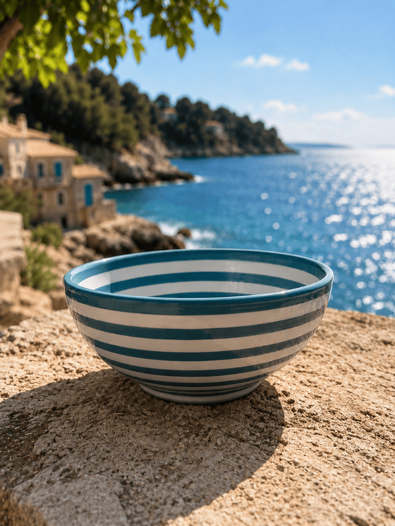Saladier à rayures bleues vue de profil en céramique artisanale espagnole, idéal pour une table méditerranéenne élégante.