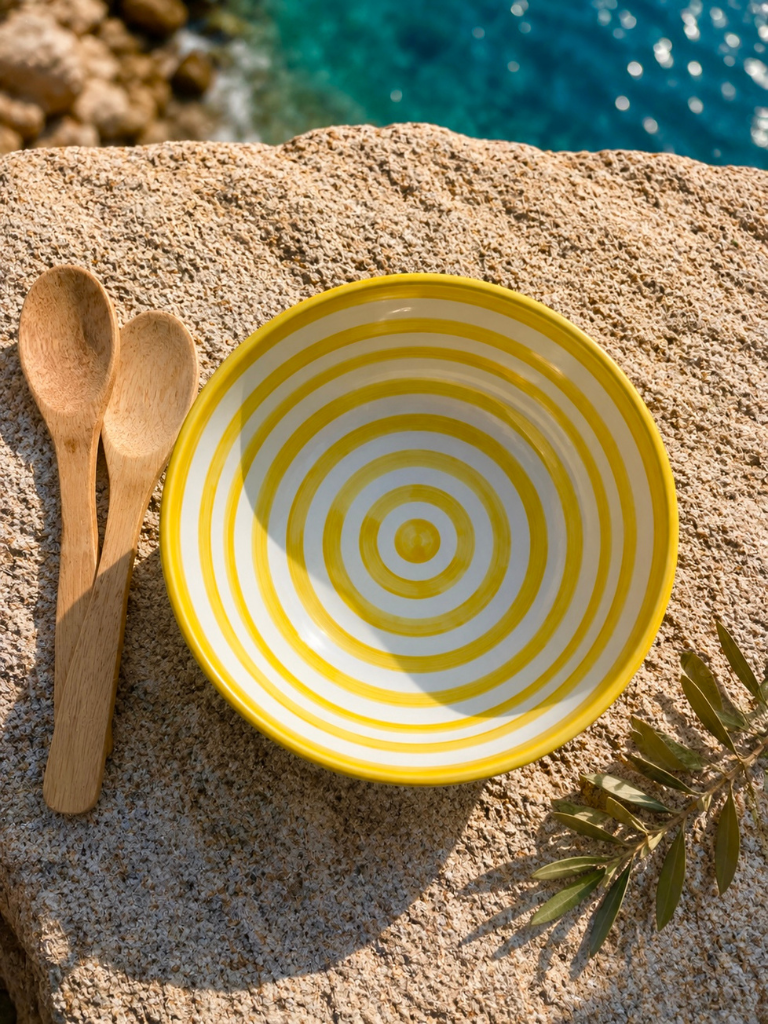 Saladier rayé jaune en céramique artisanale espagnole, poterie méditerranéenne idéale pour servir salades et fruits